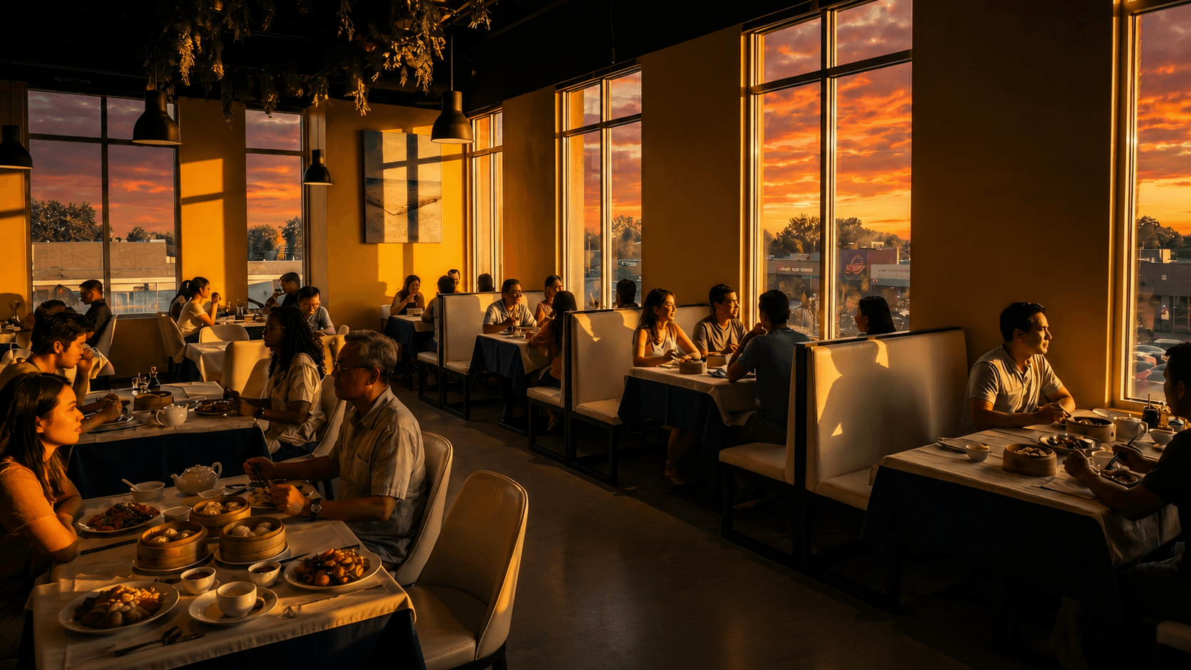 Second-floor restaurant with sunset views through large windows